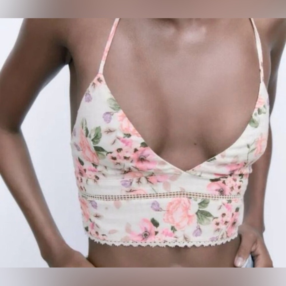 Zara Floral Spaghetti Strap Crop Top